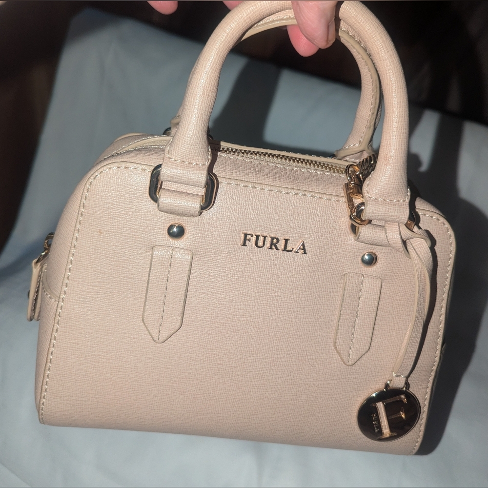 Furla Mini Ellena Neutral Saffiano Leather Satchel with Gold Accents - Picture 3 of 13